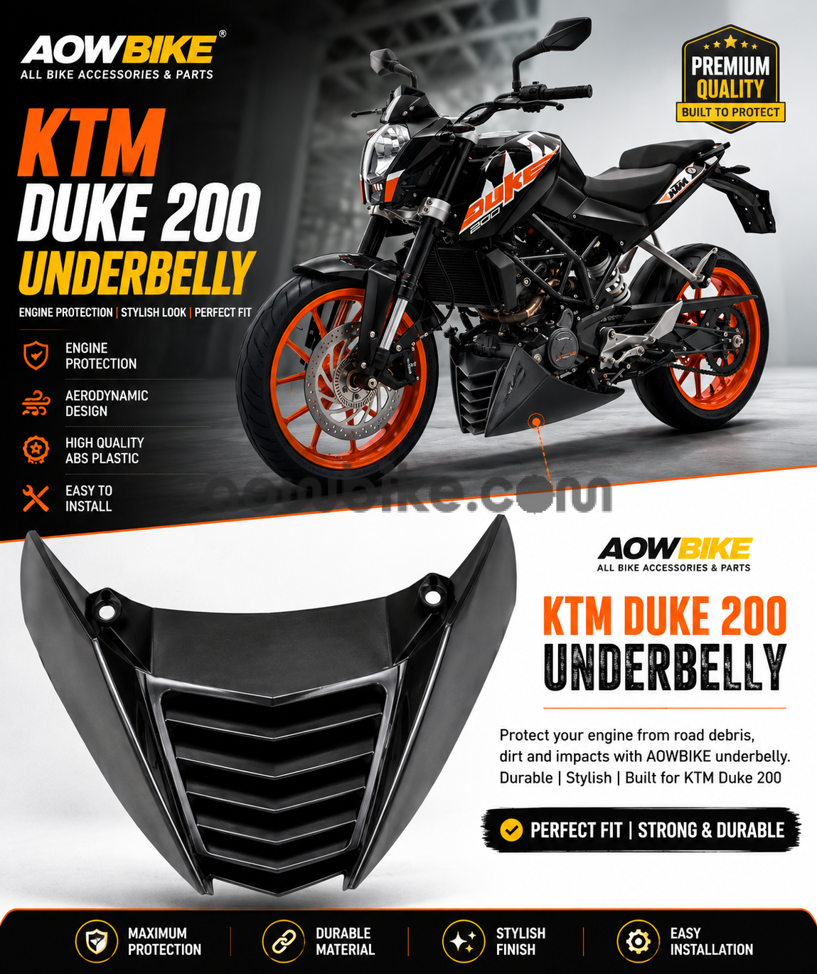 KTM Duke 200 Underbelly Engine Belly Pan Cover | ABS Plastic Under Cowl | Black | AOWBIKE - Image 2